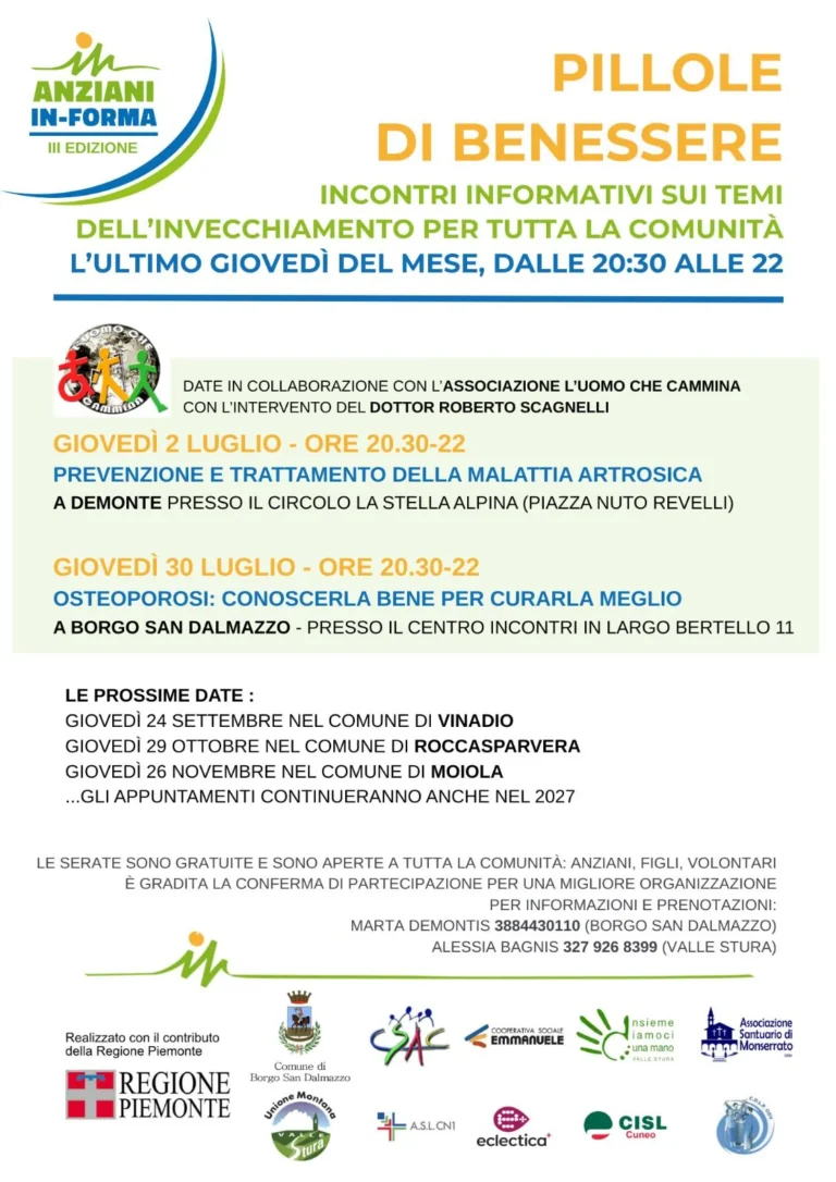 Locandina Pillole di Benessere Luglio 2026 - Incontri su malattia artrosica e osteoporosi organizzati da L'Uomo che Cammina